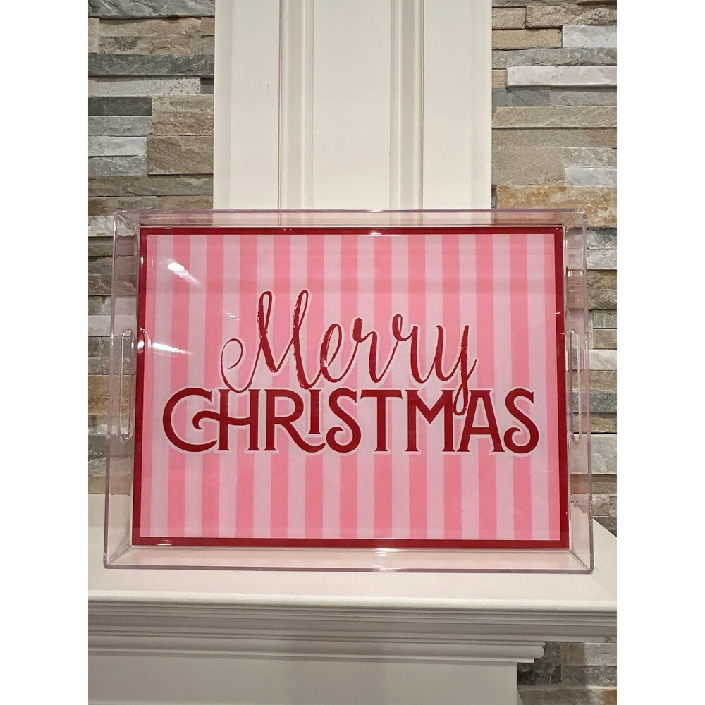 Ashland Berry Jolly Christmas Tray Pink Red White Plastic Glossy 16x11x1.5”
